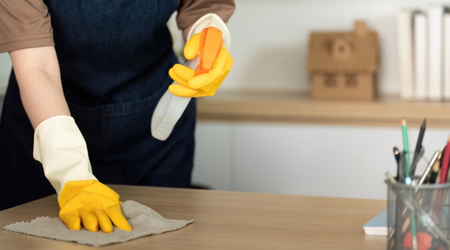 Osoba sa žutim rukavicama čisti radni sto krpom i sredstvom za dezinfekciju.
