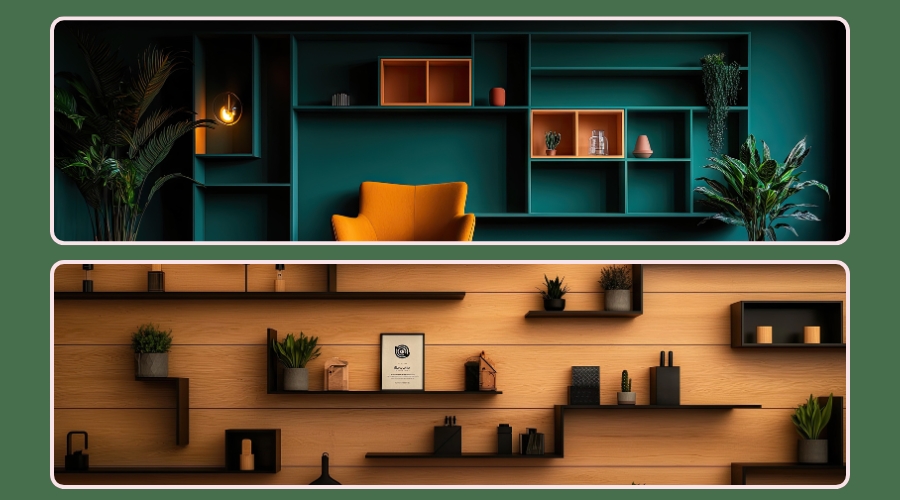 Dve moderne police sa dekoracijama, gornja u tamnozelenoj i narandžastoj paleti sa foteljom, donja u toplim drvenim tonovima sa minimalističkim ukrasima