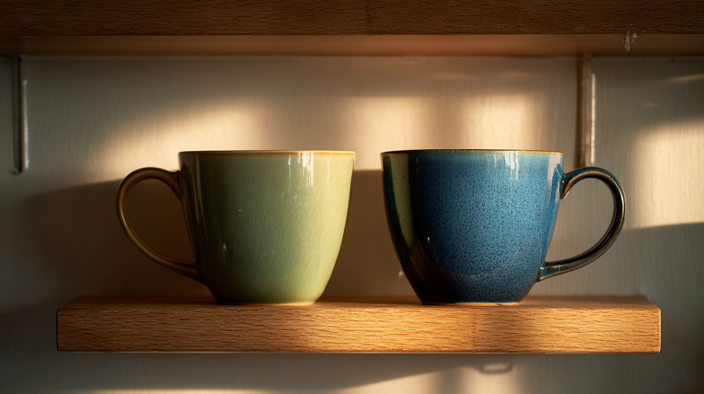 Otvorene police u kuhinji na kojoj stoje dve solje