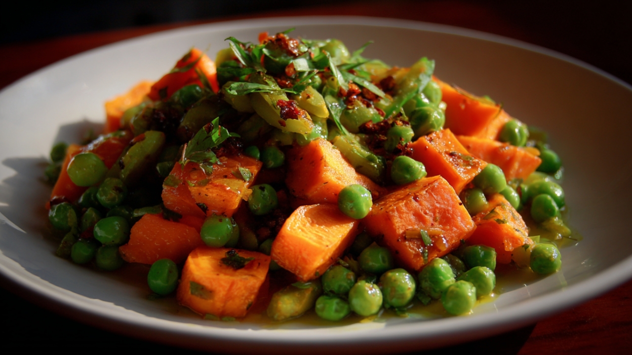 Tanjir sa kuvanim graškom i kockicama batata začinjenim začinskim biljem