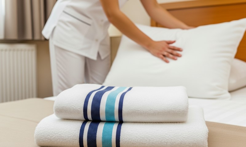 Hotelska čistačica u beloj uniformi namešta jastuk na krevetu. U prvom planu, uredno složeni beli peškiri sa plavim prugama