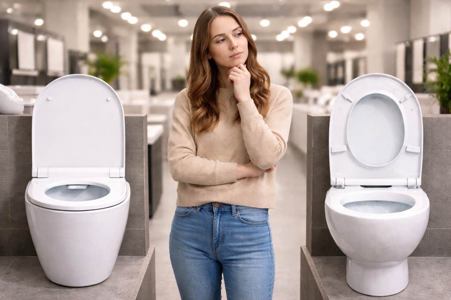 Zena koja je u kupovini vc solje i razmislja se izmedju rimless i klasicnog modela