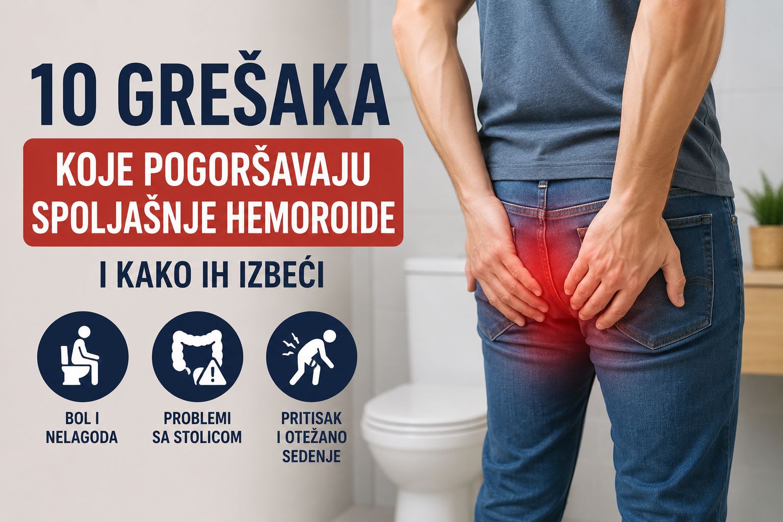 Muškarac u kupatilu sa prikazom nelagodnosti zbog spoljašnjih hemoroida i saveta kako izbeći pogoršanje simptoma.