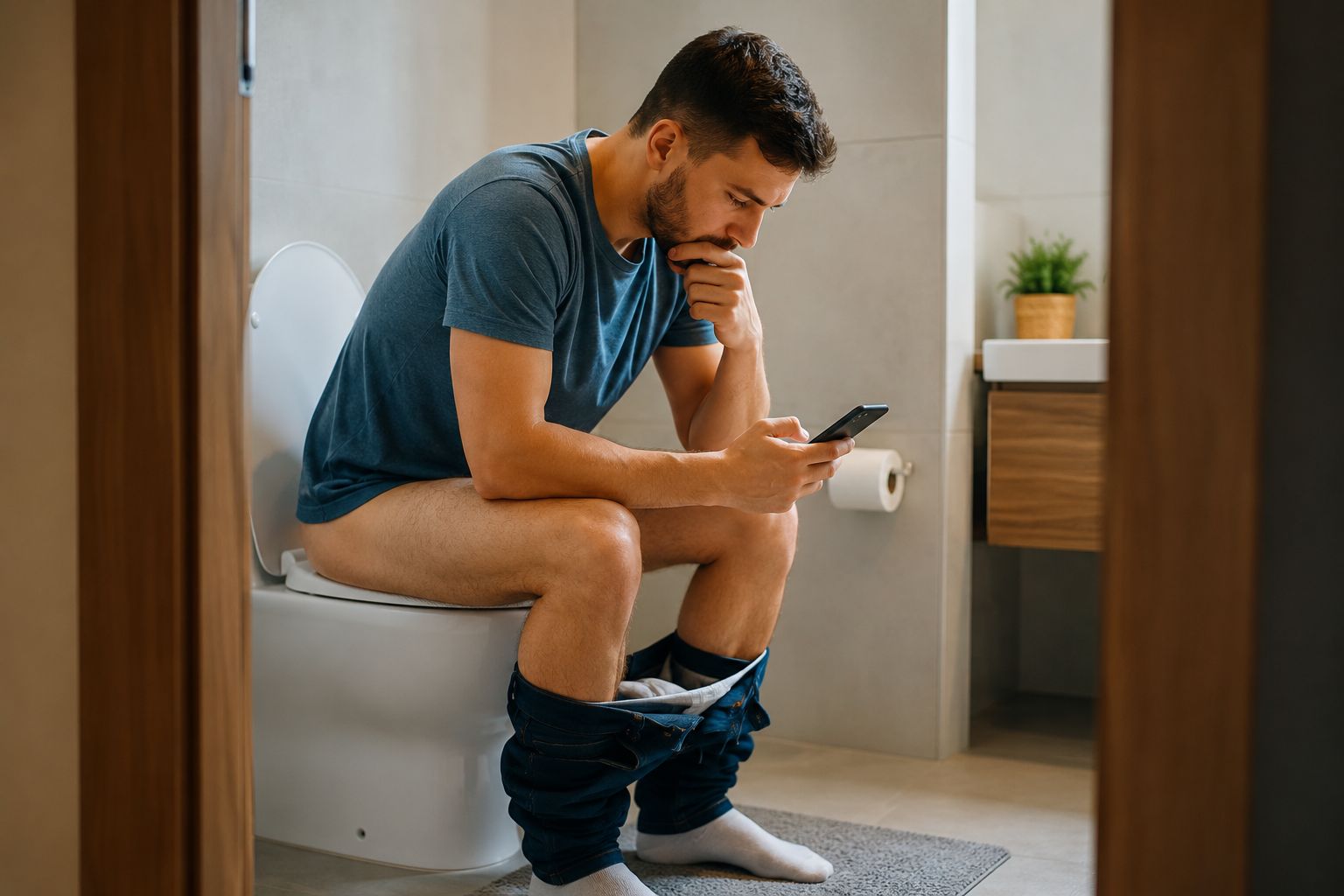 Muškarac sedi na WC šolji i koristi telefon, što prikazuje naviku produženog sedenja u toaletu.