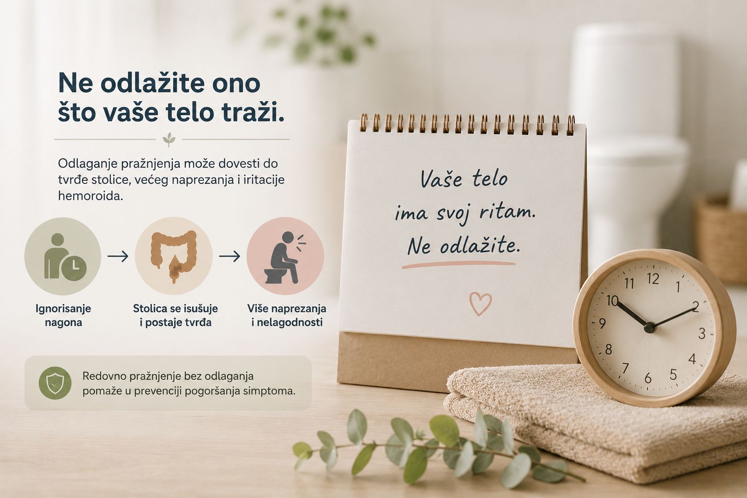 Odlaganje pražnjenja može dovesti do tvrde stolice, naprezanja i pogoršanja hemoroida.