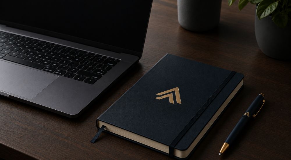 Brendirani rokovnik i olovka pored laptopa na radnom stolu kao primer korisnog reklamnog materijala