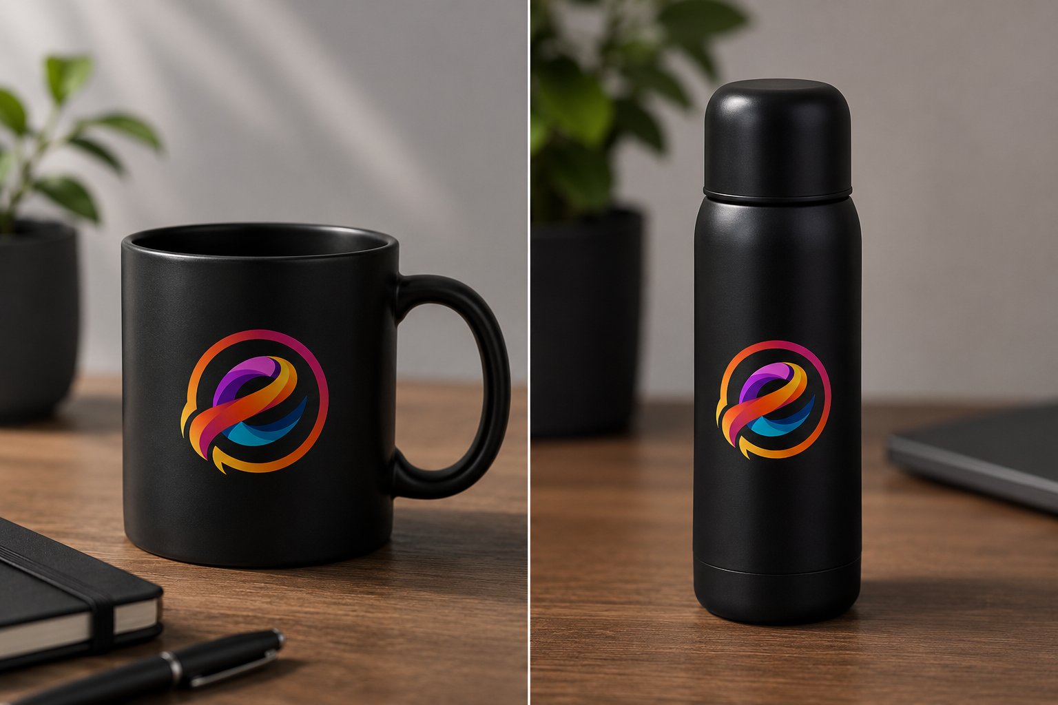 Brendirana crna šolja i mali termos sa modernim logotipom kao primer savremenog reklamnog materijala.