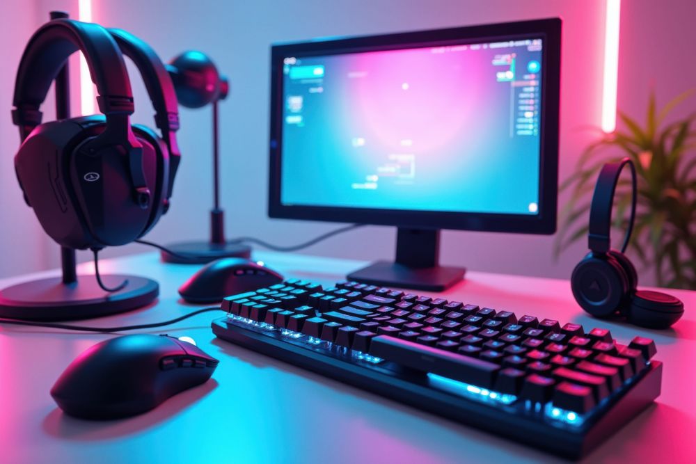 Gejming sto sa monitorom, tastaturom, miševima i različitim modelima slušalica pod RGB osvetljenjem.