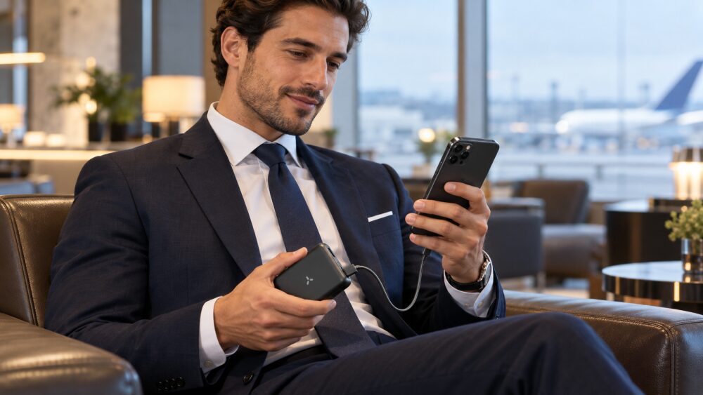Poslovni čovek u aerodromskom salonu puni mobilni telefon pomoću prenosivog power bank uređaja.